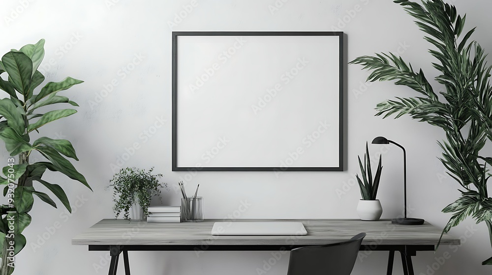 A minimalist home office featuring a clean desk setup with indoor plants, a blank framed art piece, and a sleek desk lamp, creating a serene work environment. A minimalist home office featuring a clean desk setup with indoor plants, a blank framed art piece, and a sleek desk lamp, creating a serene work environment.