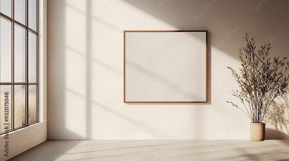 A minimalist room featuring a blank picture frame, a potted plant, and large windows casting natural light across the space. A minimalist room featuring a blank picture frame, a potted plant, and large windows casting natural light across the space.