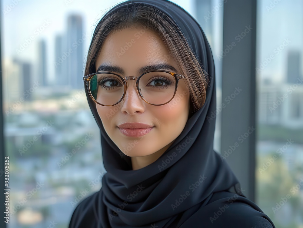 confident middle eastern businesswoman in modern office wearing hijab and stylish glasses projecting leadership and success against a backdrop of city skyline confident middle eastern businesswoman in modern office wearing hijab and stylish glasses projecting leadership and success against a backdrop of city skyline