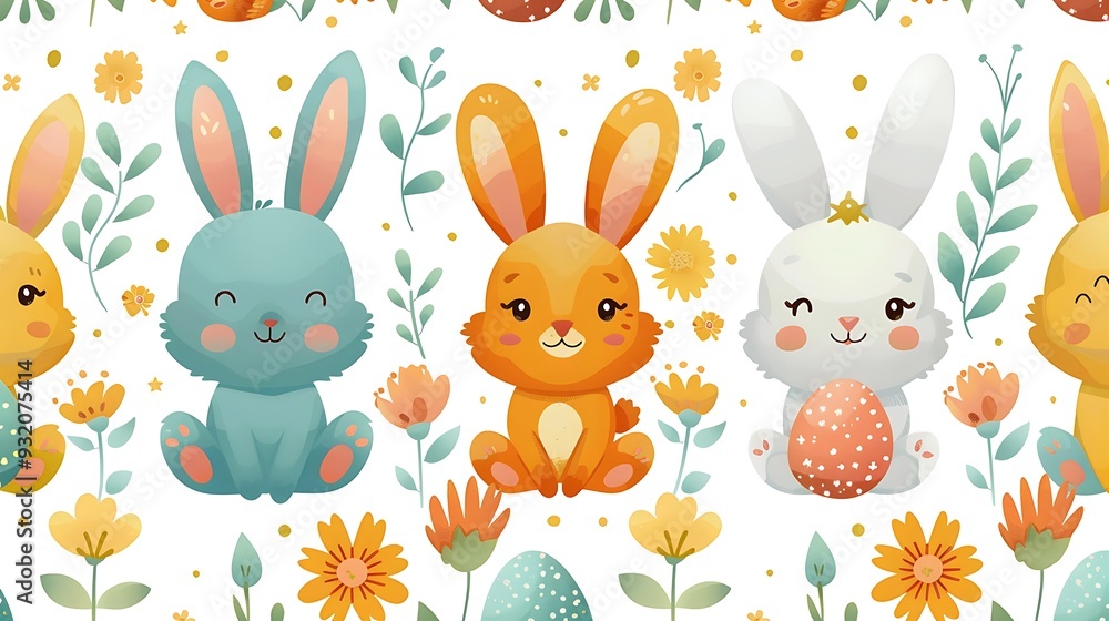 A seamless pattern of cute cartoon bunnies and chicks playing among spring flowers and Easter eggs, soft pastel colors, gentle curves, delicate flower details, warm sunlight, hd quality, natural look. A seamless pattern of cute cartoon bunnies and chicks playing among spring flowers and Easter eggs, soft pastel colors, gentle curves, delicate flower details, warm sunlight, hd quality, natural look.