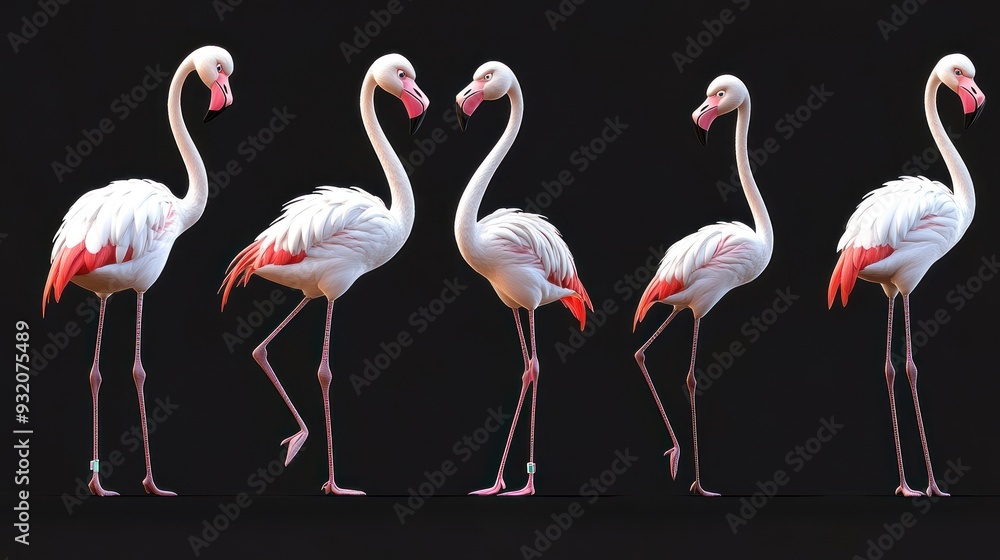 Obraz premium A series of stylized flamingos in various poses against a dark background.