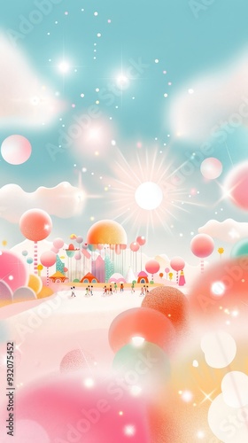 Bright and magical fantasy world with a vibrant landscape, colorful trees, balloons, and a joyful group of people.