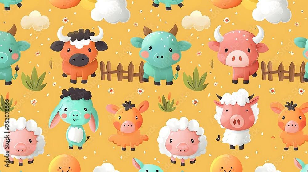 A seamless pattern of cute cartoon cows, pigs, and sheep playing around a red barn, surrounded by haystacks and wooden fences, warm earthy tones, detailed fur textures, soft sunlight, hd quality, A seamless pattern of cute cartoon cows, pigs, and sheep playing around a red barn, surrounded by haystacks and wooden fences, warm earthy tones, detailed fur textures, soft sunlight, hd quality,