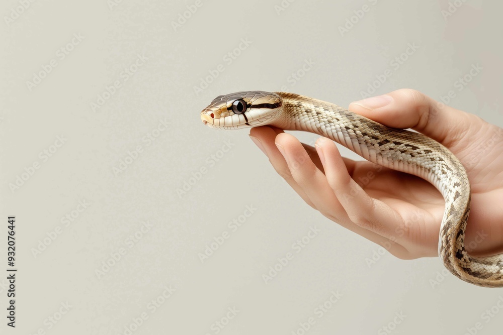 Human hand holding a cute pet snake on plain background. Exotic animal concept with space for copy Human hand holding a cute pet snake on plain background. Exotic animal concept with space for copy