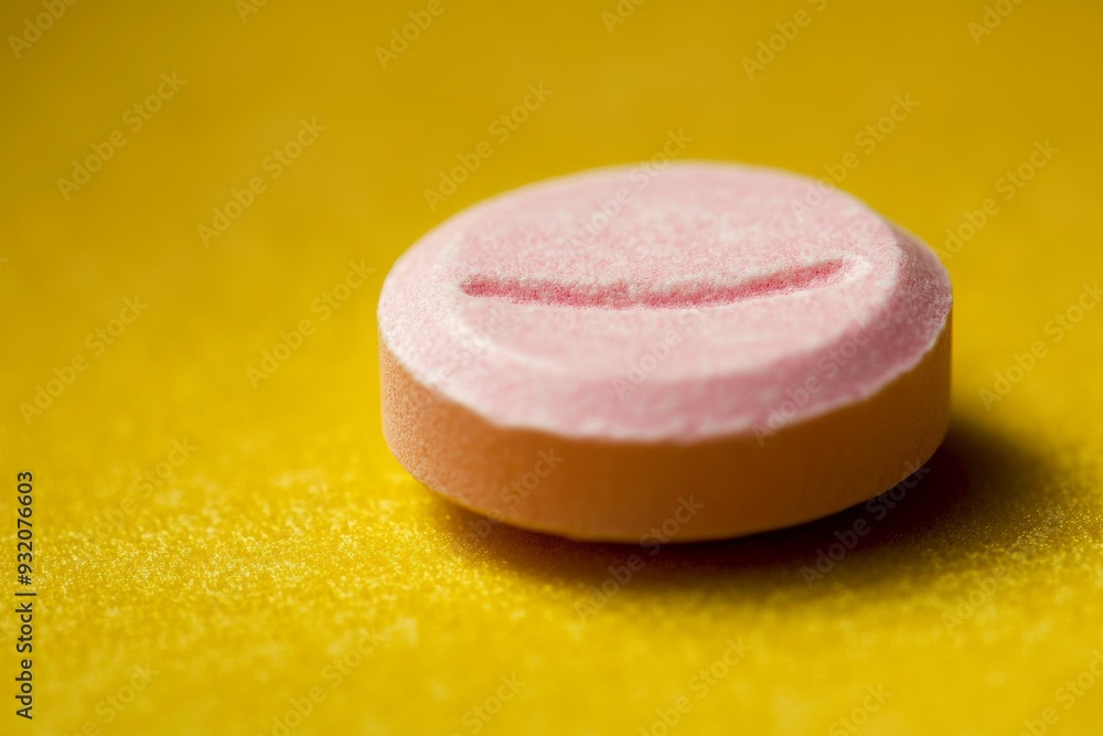 Single Pink Pill on a Bright Yellow Background Representing Simplicity and Joy in Healthcare Single Pink Pill on a Bright Yellow Background Representing Simplicity and Joy in Healthcare