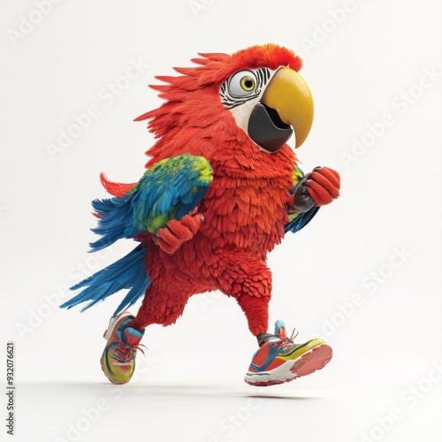 A colorful cartoon parrot character running energetically in athletic shoes.