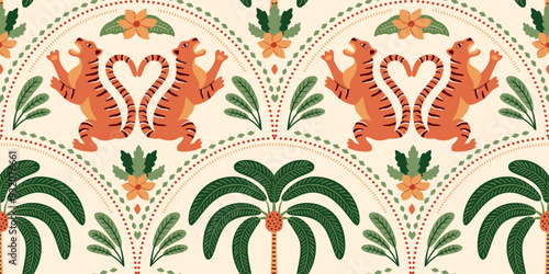 Cute Asian tiger and tropical palm tree seamless pattern. Summer jungle damask ornament. Vector wild animal symmetry design, exotic arched print, hand drawn Indian textile, background, wallpaper.