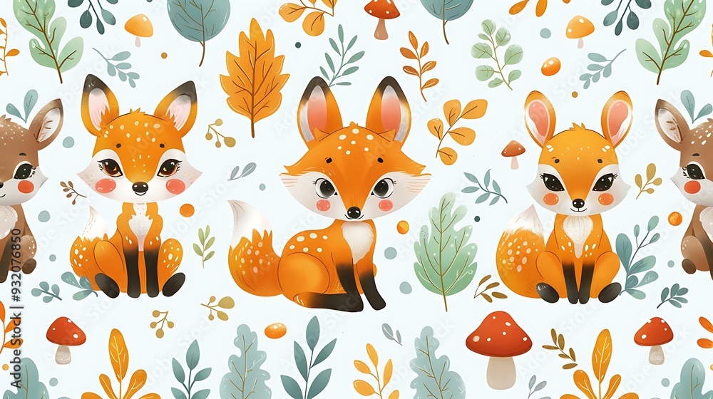 A seamless pattern of cute cartoon foxes, rabbits, and deer playing among trees and mushrooms, soft pastel colors, gentle curves and playful expressions, detailed foliage, and glowing highlights, A seamless pattern of cute cartoon foxes, rabbits, and deer playing among trees and mushrooms, soft pastel colors, gentle curves and playful expressions, detailed foliage, and glowing highlights,