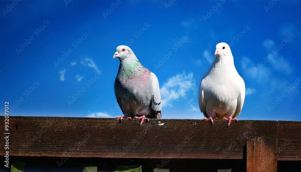 two pigeons on a fence two pigeons on a fence