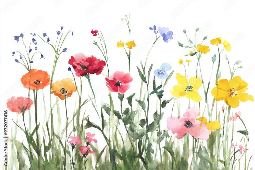 Fototapeta premium 花畑の水彩イラスト, 春