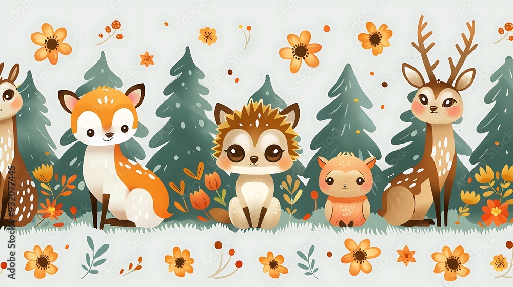 Naklejka premium A seamless pattern of cute cartoon hedgehogs, owls, and deer, set in a peaceful woodland scene with trees and flowers, soft greens and browns, detailed textures, hd quality, natural look.