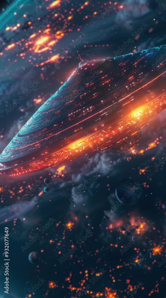 Fototapeta premium A colorful UFO hovers above a cosmic scene filled with stars, clouds, and glowing celestial elements, creating a mesmerizing atmosphere