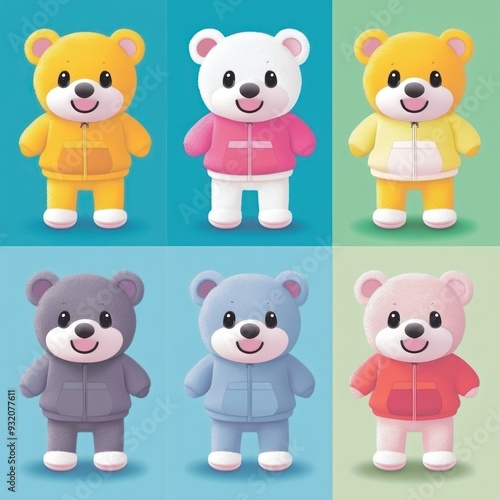 Wallpaper Mural Six cartoon bear characters in colorful hoodies against vibrant backgrounds. Torontodigital.ca