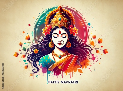 Watercolor poster illustration for navratri with goddess durga portrait.