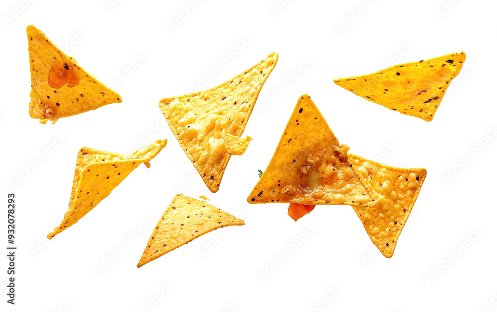 Flying delicious Mexican nachos chips on white background,png Flying delicious Mexican nachos chips on white background,png