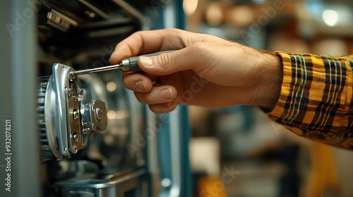 Wallpaper Mural A person using a screwdriver to adjust machinery in a workshop setting. Torontodigital.ca