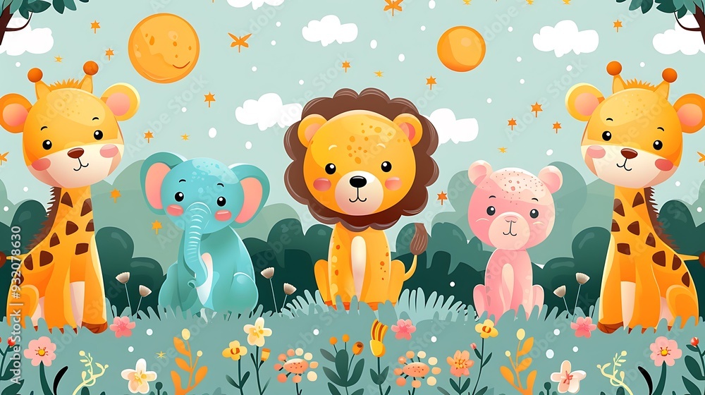 Naklejka premium A seamless pattern of cute cartoon lions, giraffes, and elephants exploring the sunlit savannah, surrounded by acacia trees and rolling hills, rich colors, soft sunlight, hd quality, natural look.