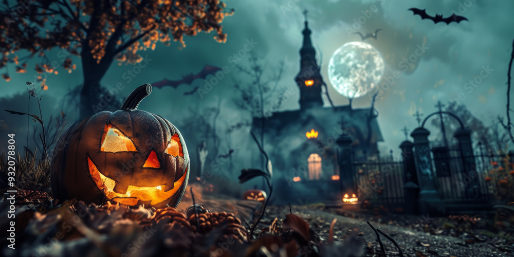 A pumpkin zombie rises amidst gravestones, with a full moon and bats overhead creating a Halloween atmosphere A pumpkin zombie rises amidst gravestones, with a full moon and bats overhead creating a Halloween atmosphere