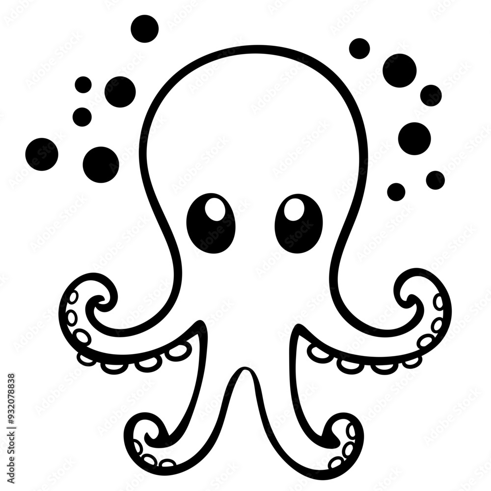 A black and white cartoon octopus with large eyes and tentacles against a background of black circles A black and white cartoon octopus with large eyes and tentacles against a background of black circles