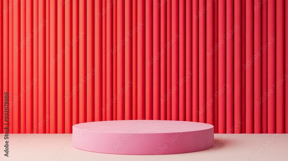 A vibrant pink podium against a bold red striped wall, perfect for showcasing products or presentations in a creative space. A vibrant pink podium against a bold red striped wall, perfect for showcasing products or presentations in a creative space.