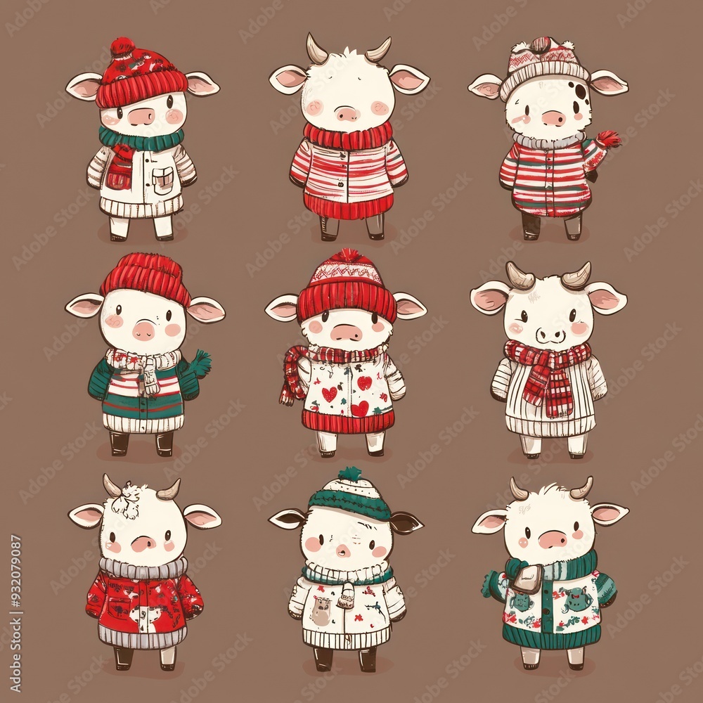 A collection of cute cartoon cows in winter sweaters, showcasing festive attire and expressions. A collection of cute cartoon cows in winter sweaters, showcasing festive attire and expressions.