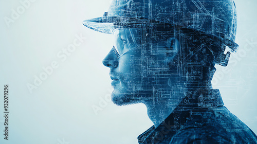 Creative double exposure of an engineer s profile and a rising skyscraper, merging construction elements, highdefinition, imaginative and dynamic composition