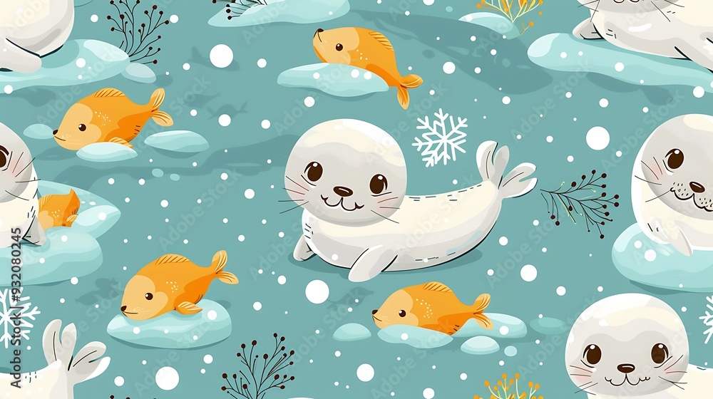 Fototapeta premium A seamless pattern of cute cartoon seals sliding on icy patches, surrounded by fish and snowflakes, cool tones, detailed ice textures, soft lighting, hd quality, natural look. --ar 16:9 --v 6.