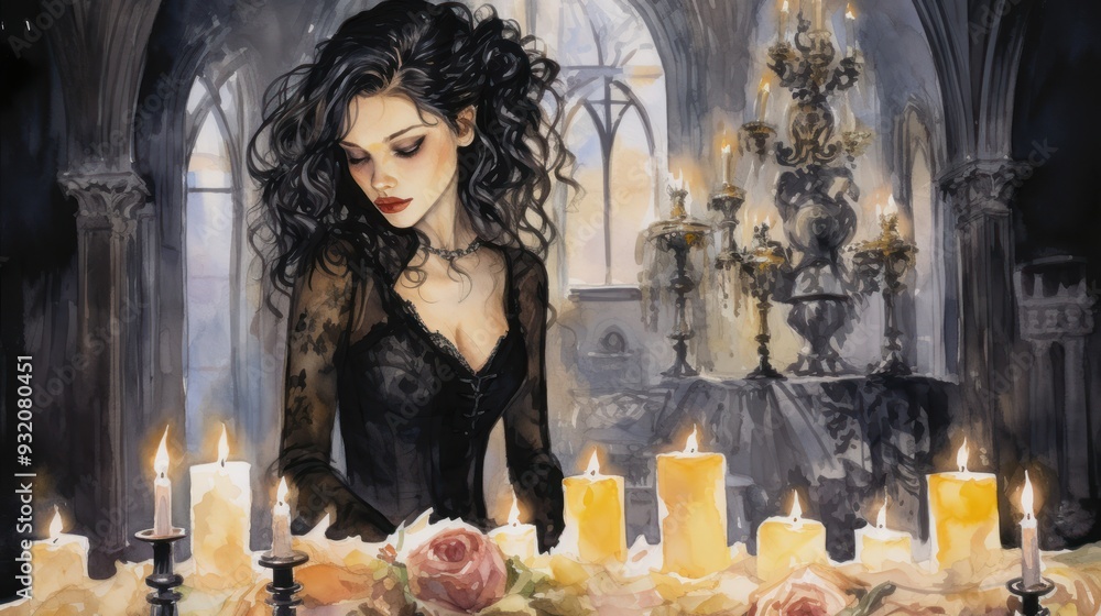 Fototapeta premium Gothic wedding, bride in black lace, candlelit altar, Watercolor style