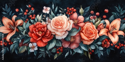 Wallpaper Mural Watercolor Painting of Red and Peach Flowers with Green Foliage and Berries on a Black Background Torontodigital.ca