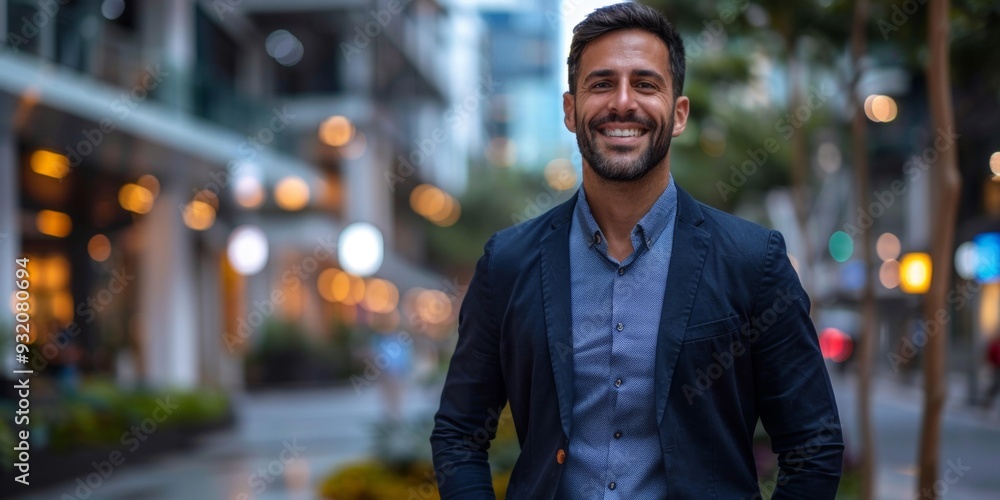 Fototapeta premium Smiling Hispanic businessman standing confidently outdoors in urban setting, smart casual attire, enjoying successful day, modern office district background, professional and approachable demeanor.