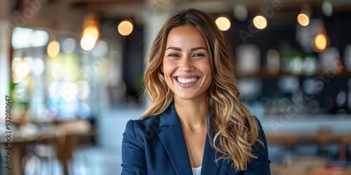 Confident young woman with long brown hair smiles warmly at camera, dressed in professional blazer, standing in modern cafe setting, bright ambiance, showcasing positive business attitude. photo