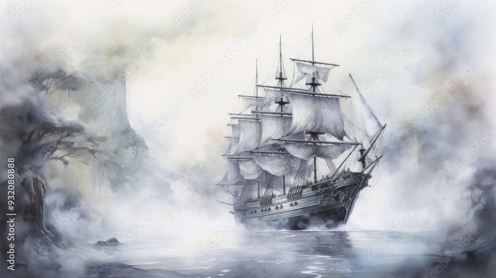 Ghostly ship, sailing through mist, gothic adventure, Watercolor style Ghostly ship, sailing through mist, gothic adventure, Watercolor style