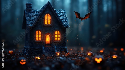 small, ominous haunted house icon, with windows glowing and bats flying around, creating a spine-chilling Halloween atmosphere. photo