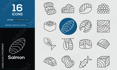 Salmon Set of outline icons related to analysis, infographic, analytics. Editable stroke. Vector illustration. 