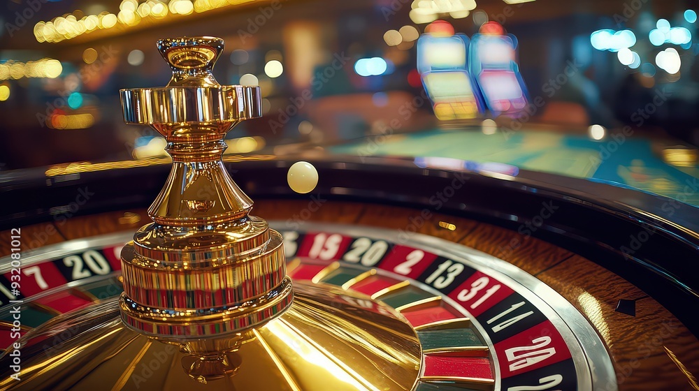 Obraz premium A roulette table with a spinning wheel and eager players watching as the ball bounces, building anticipation for where it will land.