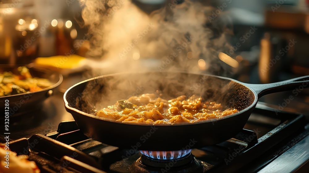 A steaming pan of food cooking on a gas stove in a cozy kitchen. A steaming pan of food cooking on a gas stove in a cozy kitchen.