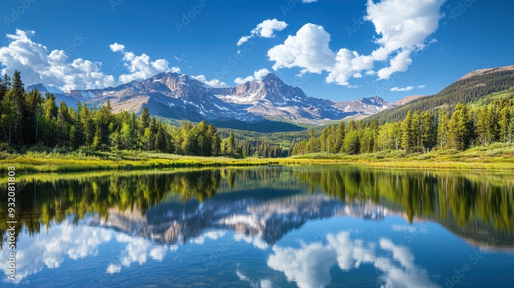 Fototapeta premium Majestic mountain peaks reflected in a serene lake with vibrant green forests and clear blue skies breathtaking nature wonder