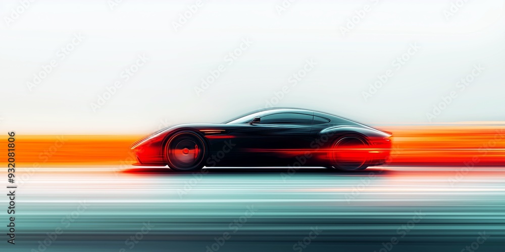 Naklejka premium Black sports car in motion blur background, capturing speed and power, ideal for high-energy automotive themes. 