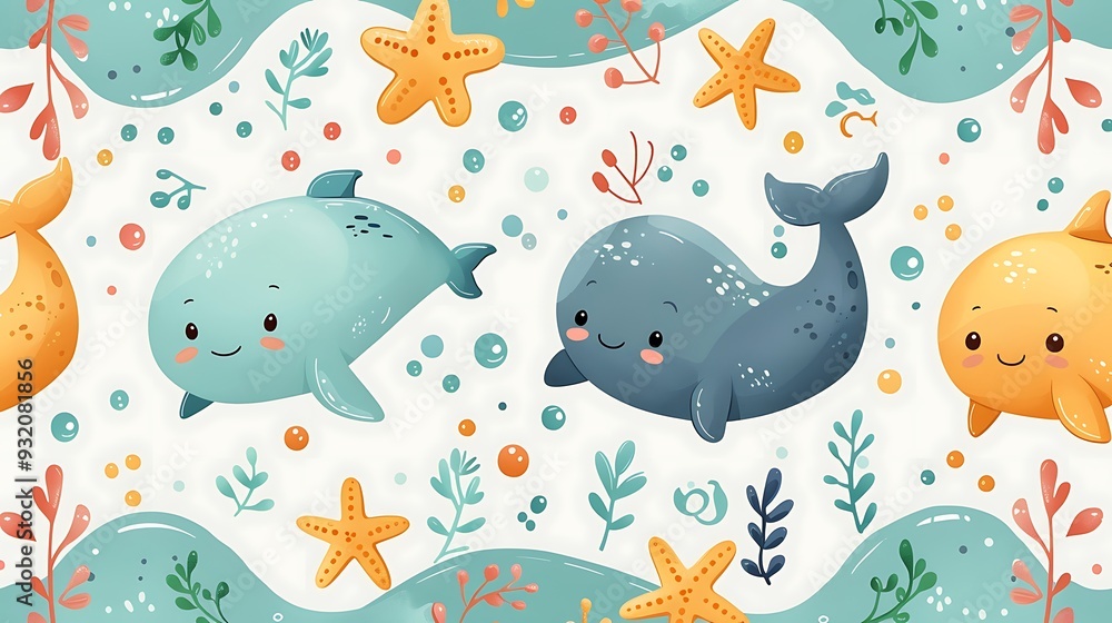 Fototapeta premium A seamless pattern of cute cartoon whales, dolphins, and starfish playing together in the ocean, surrounded by coral and gentle waves, bright and vibrant colors, detailed water textures,