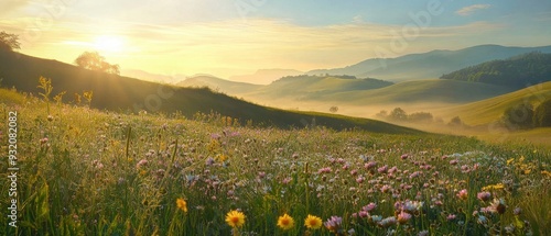 Picturesque meadow dotted with wildflowers and rolling hills bathed in soft morning light capturing the serene beauty of nature's landscapes