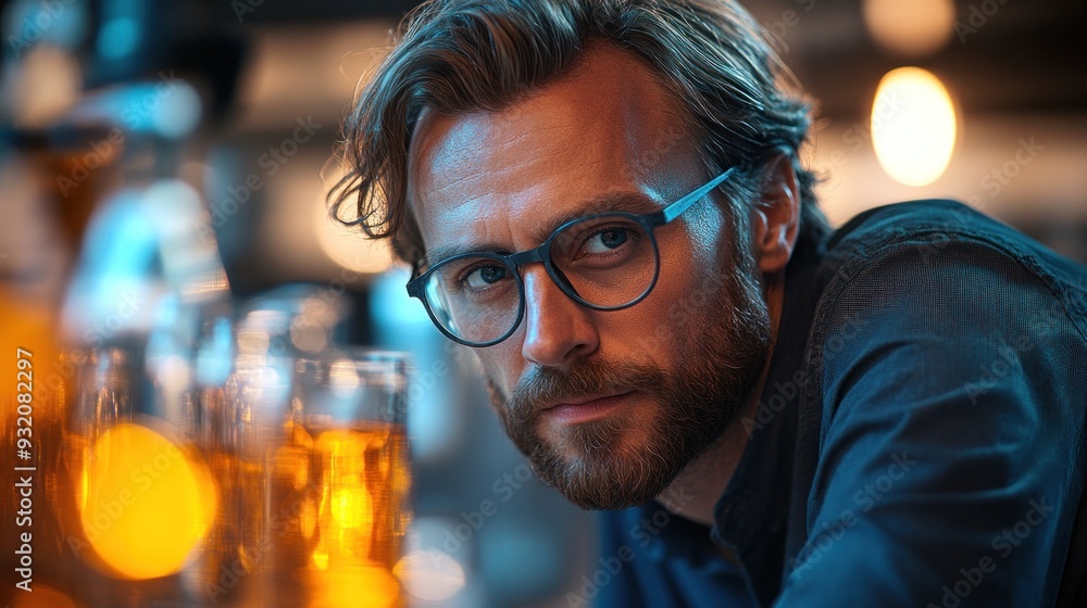 Man with Glasses in a Bar Setting Man with Glasses in a Bar Setting