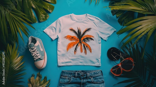 flat-lay of a trendy graphic T-shirt with bold prints, surrounded by complementary accessories, ready for a day out photo