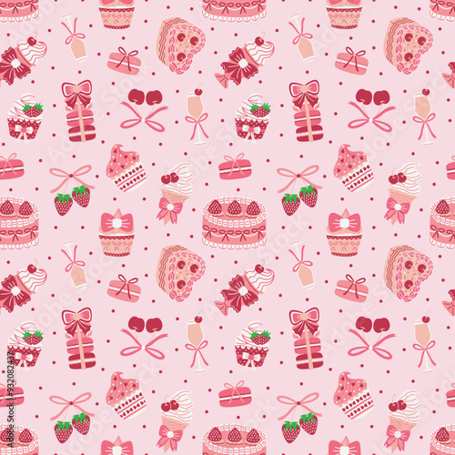 Coquette Aesthetic Desserts and Drinks on Pastel Pink Seamless Pattern Design