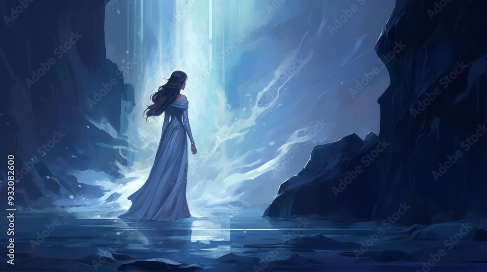 Mystical Woman in a Blue Cave with Waterfall Mystical Woman in a Blue Cave with Waterfall