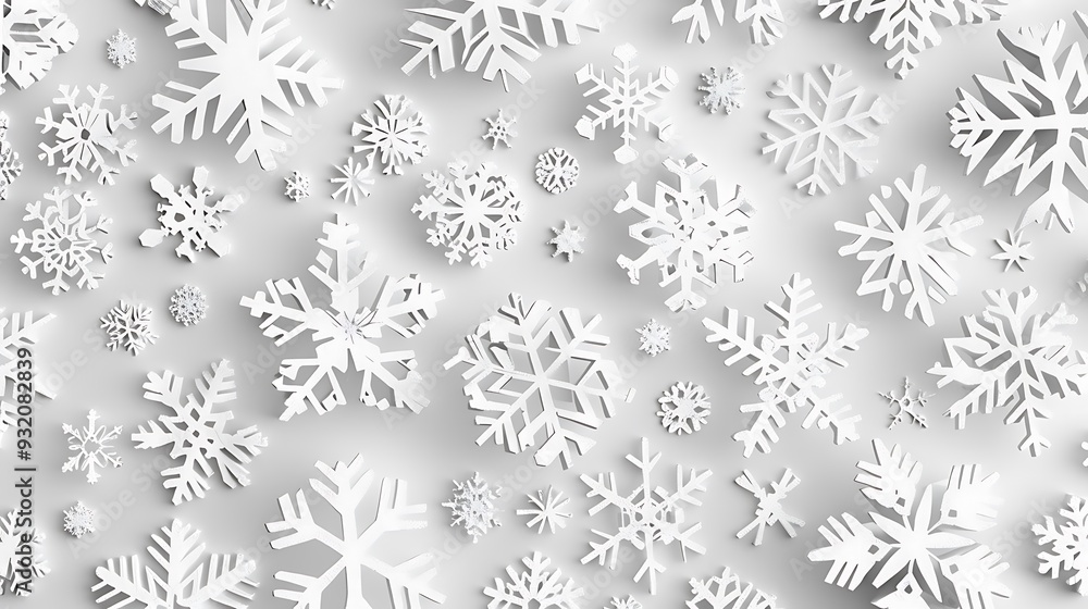 White Paper Snowflakes Scattered on White Background White Paper Snowflakes Scattered on White Background