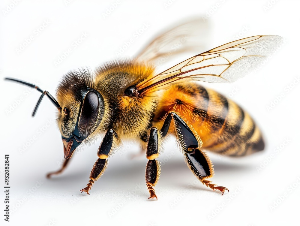 detailed honey bee in motion intricate wing structure fuzzy body texture isolated on pure white macro photography style detailed honey bee in motion intricate wing structure fuzzy body texture isolated on pure white macro photography style