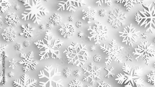 White Paper Snowflakes Scattered on White Background