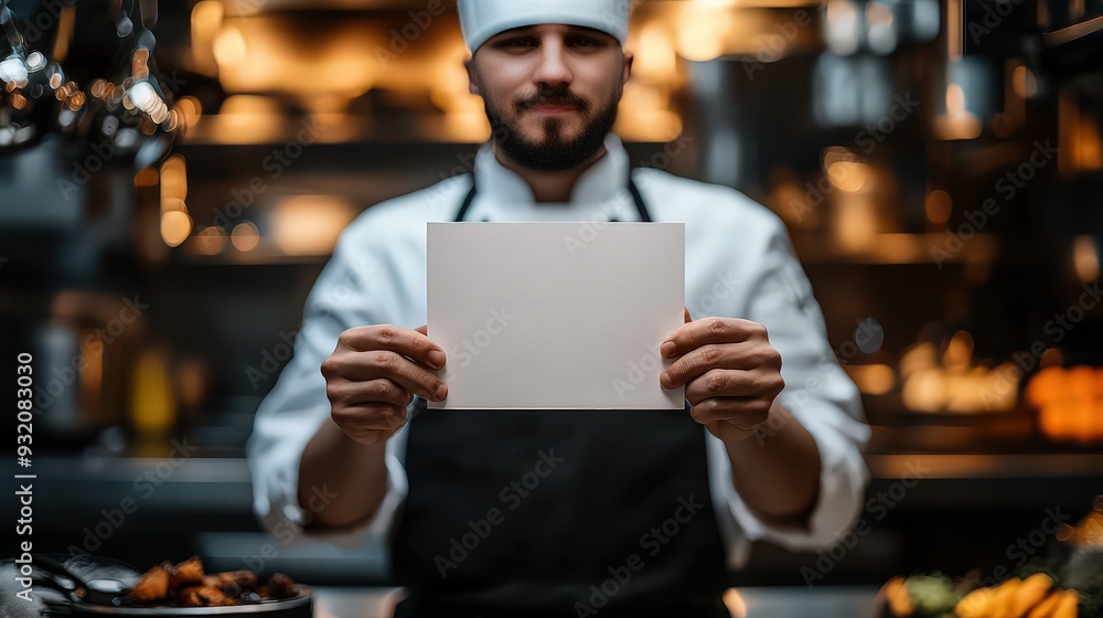 Chef holding a blank card or menu in a professional kitchen, ready for customization. Chef holding a blank card or menu in a professional kitchen, ready for customization.
