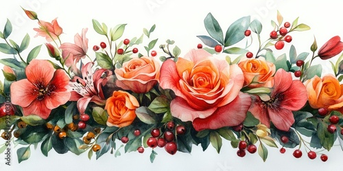 Fototapeta Naklejka Na Ścianę i Meble -  Watercolor Painting of Red and Orange Flowers with Berries and Green Leaves
