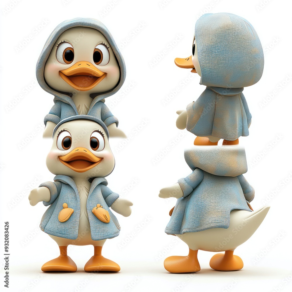 Fototapeta premium A cute cartoon duck character wearing a blue hoodie, shown from multiple angles.